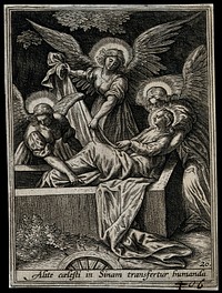 Burial of Saint Catherine. Engraving by A. Wierix III.