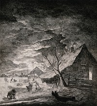People are skating on a frozen village pond, two are being pushed in sledges, and one person has fallen over on the ice. Etching after A. Van der Neer.