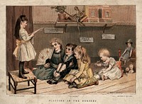 Children playing in their nursery: performing at and attending the theatre. Chromolithograph after E. Lees after A. Havers, 1890.