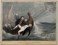 The First Lord of the Admiralty, Lord Minto, is thrown overboard by Lord Melbourne, Lord Palmerston and Lord Duncannon during a storm. Coloured lithograph by H.B. (John Doyle), 1838.