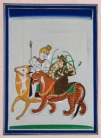 Lord Shiva on his vehicle, the bull Nandi, riding along with Durga on her vehicle, a tiger. Gouache painting by an Indian artist.