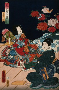 On the right the woman with clappers is seated on the Kabuki stage; a female role actor plays the young princess to the left. Colour woodcut by Kunisada, 1860.