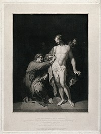 Saint Thomas, holding a book, touches Christ's lacerated side. Stipple engraving by E. Scriven after L. Eusebi after A. van der Werff.