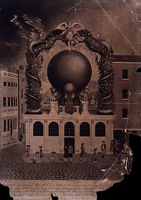 A large balloon representing the British national debt placed on top of the Stock Exchange in London. Aquatint by F. Jukes after Elizabeth Henrietta Phelps after William Phelps.