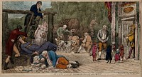On the stage of the Drury Lane Theatre, Comedy is hanged, Tragedy is stabbed, and Sheridan the playwright lies dead drunk as the theatre is given over to animal entertainments. Coloured etching by S. De Wilde, 1808.