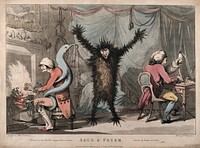 Fever, represented as a frenzied beast, stands racked in the centre of a room, while a blue monster, representing ague, ensnares his victim by the fireside; a doctor writes prescriptions to the right. Coloured etching by T. Rowlandson after J. Dunthorne, 1788.