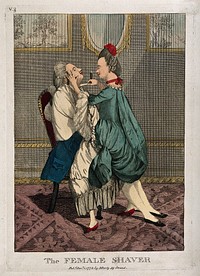 A female barber shaving a man while astride him. Coloured engraving.