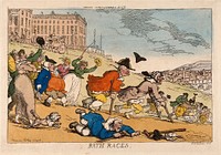 Hordes of infirm people with crutches and wheelchairs making their way down the hill to Bath from the Royal Crescent. Coloured etching by T. Rowlandson.