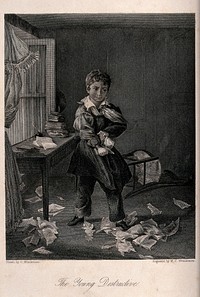 A boy tears up his school textbooks in a fit of anger against his education. Engraving W.C. Wrankmore after C. Wrankmore.