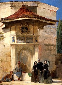 Florence Nightingale with Charles Holte Bracebridge and Selina Bracebridge in a Turkish street. Oil painting by Jerry Barrett, 1859.