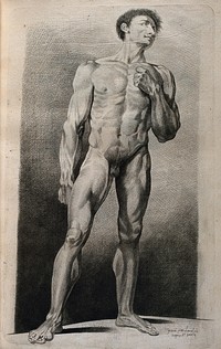 A standing male nude. Crayon manner print by Lavalée after J. Gamelin, 1778/1779.