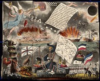 Astronomy: various apocalyptic scenes, including an angel blowing the last trump, war, and shipwreck. Coloured lithograph, [c.1831].