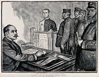 Wormwood Scrubs Prison: a prisoner standing in a dock before the governor, in the presence of guards. Process print after Paul Renouard, 1889.