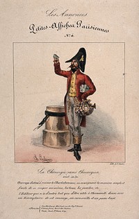 A salesman selling booklets on self-surgery from a knapsack in the street. Coloured lithograph by C. Philipon, 1829.