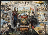 Astronomy: various apocalyptic scenes, including battles, the Royal Family looking upset [], a mob being addressed by preachers, fire, and shipwreck. Coloured lithograph, [c.1853].