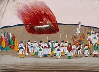 Sati (suttee): a woman immolating herself on her husband's funeral pyre. Gouache painting on mica by an Indian artist.