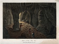 Geology: two soldiers being shown the interior of Poca Roca Cave. Coloured aquatint, 1801.