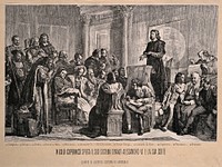 Nicolas Copernicus explaining his planetary system to Alexander VI and artists of the Papal court. Photomechanical reproduction of a wood engraving by [W.G.] after A. Gerson.