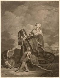 A defeated hussar on the battlefield, whose horse has been killed while pulling a gun mounted on a chassis; a woman sympathizes. Mezzotint by V. Green after G. Carter, 1776.