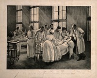 An injection against croup at the Hôpital Trousseau, Paris. Lithograph by E. Buval after P.A.A. Brouillet.