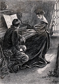 A young woman plays the piano while a young man leans and listens. Etching by Swain after M.E. Edwards.