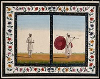 Two Indian men: (left) bringing a cup of tea or other drink, and (right) holding a large purple fan or canopy on a pole. Gouache painting by an Indian artist.