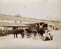 Mobile disinfection service, Cuba: Men are shown unloading a pump and hose from a small horse-drawn van, in readiness to disinfect a building. Photograph, 1902.