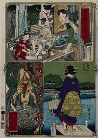 Above, a Kabuki play scene, showing a woman washing the feet of another, watched by a man; below left, the changeling 'Jizō' (Kshitigarbha); below right, an 'entertainment woman' (geisha) standing on a jetty on the Sumida river at Mukōjima. Colour woodcut by Kyōsai, with bottom right design by Mōsai (Yoshitora), ca. 1870.