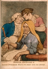 A lecherous doctor taking the pulse of an old woman while fondling a young one. Coloured etching by T. Rowlandson, 1810.