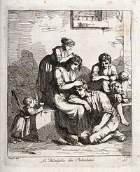 A family picking fleas off each other's heads; to the left a baby is harnessed by a rope to the wall, to the right a boy picks fleas off a dog. Etching by B. Pinelli.