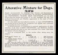 Alterative mixture for dogs : highly recommended by leading dog owners and sportsmen as the finest preparation for purifying the blood, destroying and preventing worms, skin eruptions, etc. ...