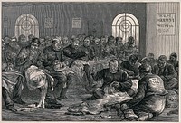 Middlesex House of Correction: prisoners are sitting in a room sewing large pieces of cloth. Wood engraving by H.H. after M. Fitzgerald.