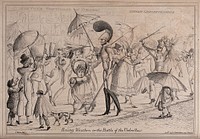 People walking along the Strand in London holding umbrellas and carrying luggage, leading to accidents and commotion in the street. Etching by J. Baker, ca. 1819.