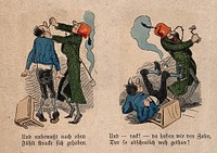 The story of a man with toothache, his attempts at self help and the final resort visiting the dental surgeon: twenty-four vignettes. Coloured wood engraving by W. Busch, 1862.