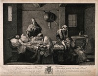 Eudamidas dictating his will on his deathbed, leaving the care of his mother and daughter to two friends. Etching by A. de Marcenay de Ghuy after N. Poussin.