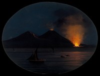 Mount Vesuvius at night, showing an eruption of smoke fire and lava at its base, with boats on the Bay of Naples in the foreground.