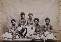 Polynesia: Polynesian women with bare breasts, seated: group portrait. Photograph attributed to André-Alexandre Jollet.