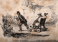An invalid being drawn through a garden in an early wheelchair, called the 'voiture de malade'. Lithograph, 1830/1860.