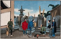 Japanese funeral customs: watched by two mourners, an attendant prepares to place the urn containing the ashes in the opened grave. Watercolour, ca. 1880 .