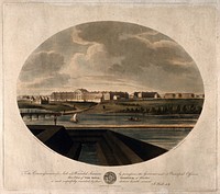 Royal Hospital, Haslar, near Portsmouth: view from right. Coloured aquatint with etching by J. Wells, 1799, after J. Hall.