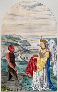 A black man with a red head and right arm emerges from a foul stream into a landscape where a winged woman is waiting for him with a red garment; representing the transformations of the alchemical work from corruption to perfection. Watercolour painting by E.A. Ibbs.
