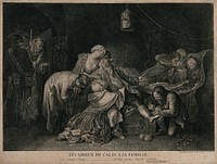 The family of Jean Calas say goodbye to him as he is taken from prison to be executed. Engraving by D. Chodowiecki after himself.
