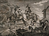 Hudibras and his squire Ralpho depart on a pair of horses with two rustic peasants watching; one carries a rake and accidentally disturbs a table spilling the contents of two baskets. Engraving by William Hogarth.
