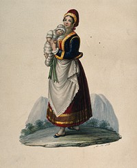 A wet-nurse dressed in Neapolitan costume holding a baby. Watercolour by M. de Sate.