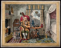 A man suffering from indigestion; suggested by little characters and demons tormenting him. Coloured etching by G. Cruikshank, 1835, after A. Crowquill.