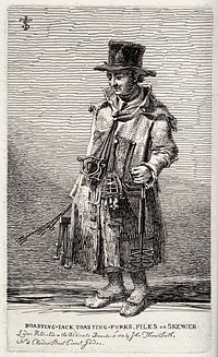 An itinerant salesman in ragged clothes selling toasting forks, files, skewers and other implements. Etching by J.T. Smith, 1815.