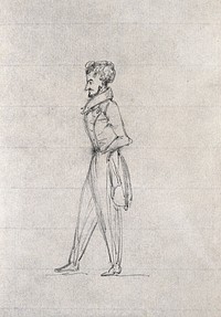 A bearded man, seen in profile, standing with his hands in the pockets of his frock-coat. Drawing, c. 1818 (watermark).
