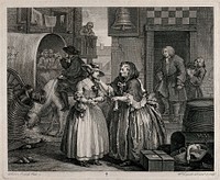 Moll Hackabout is greeted by the brothel keeper, Mother Needham; in the background Colonel Francis Charteris stands at a doorway. Engraving by William Hogarth, 1732.