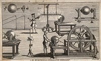 Electricity: several electrical machines in use, with a man receiving an electric shock in the background. Engraving, [18th century], by B. Cole.