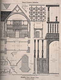 Blundell's School, Tiverton, Devon: architectural sections and details with key. Transfer lithograph by J.R. Jobbins, 1857, after F.T. Dollman.